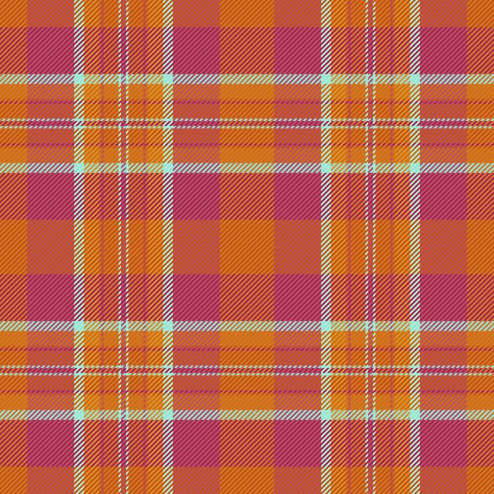 Vibrant orange and pink plaid pattern. Perfect for textile design, fashion, websites, or autumnal projects. This seamless texture offers a bold, energetic aesthetic, symbolizing warmth and style. vector