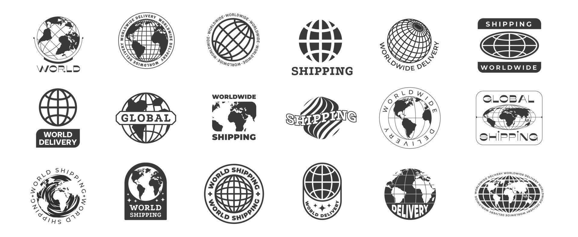 Worldwide shipping logo. World global delivery service badge with abstract planet map, international mail shipment icon flat linear style. globe shipping icon set vector