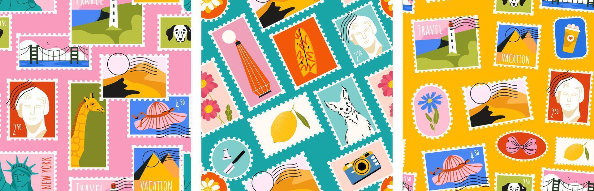 Summer stamp pattern. Seamless travel post mail stickers, print of retro postmark with cartoon vacation symbols, tourist postage label design. stamps texture vector