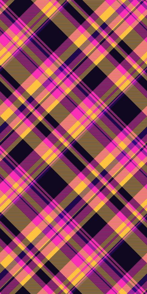 Vibrant diagonal plaid pattern in pink, gold, and purple. Perfect for textile design, fashion, website backgrounds, or any project needing a bold, energetic aesthetic. vector