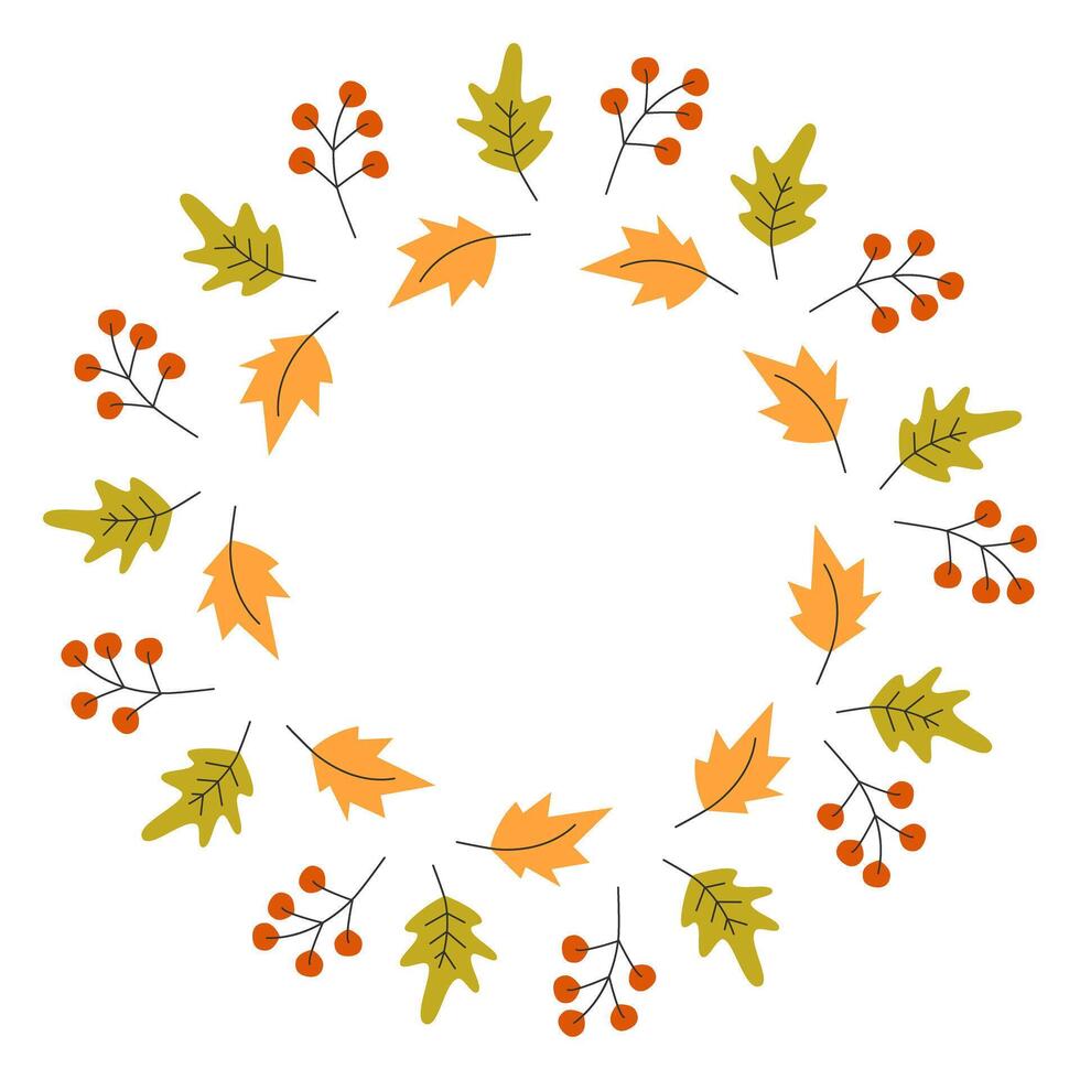 Multicolored Autumn leaves Circular Frame border Thanksgiving Day Greeting Copy space Template idea. Isolated illustration Thematic Invitations cards, leaflet, price, label or web promo banner vector