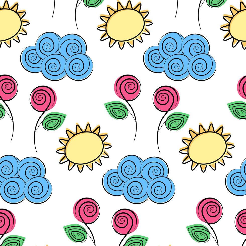 Stylized Roses on stem Cloud Sun Seamless Pattern Summer Abstract Background Texture Wrapping Paper. Isolated illustration Thematic Cards Wallpaper or web promo banner, leaflet, print materials vector