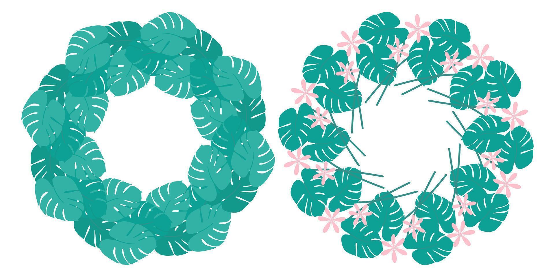 Abstract Tropical Flowers Monstera leaves Circular Frames borders Copy space Template concept Set 2. Isolated illustration Thematic Cards, leaflets, poster, price tag, label or web promo banner vector