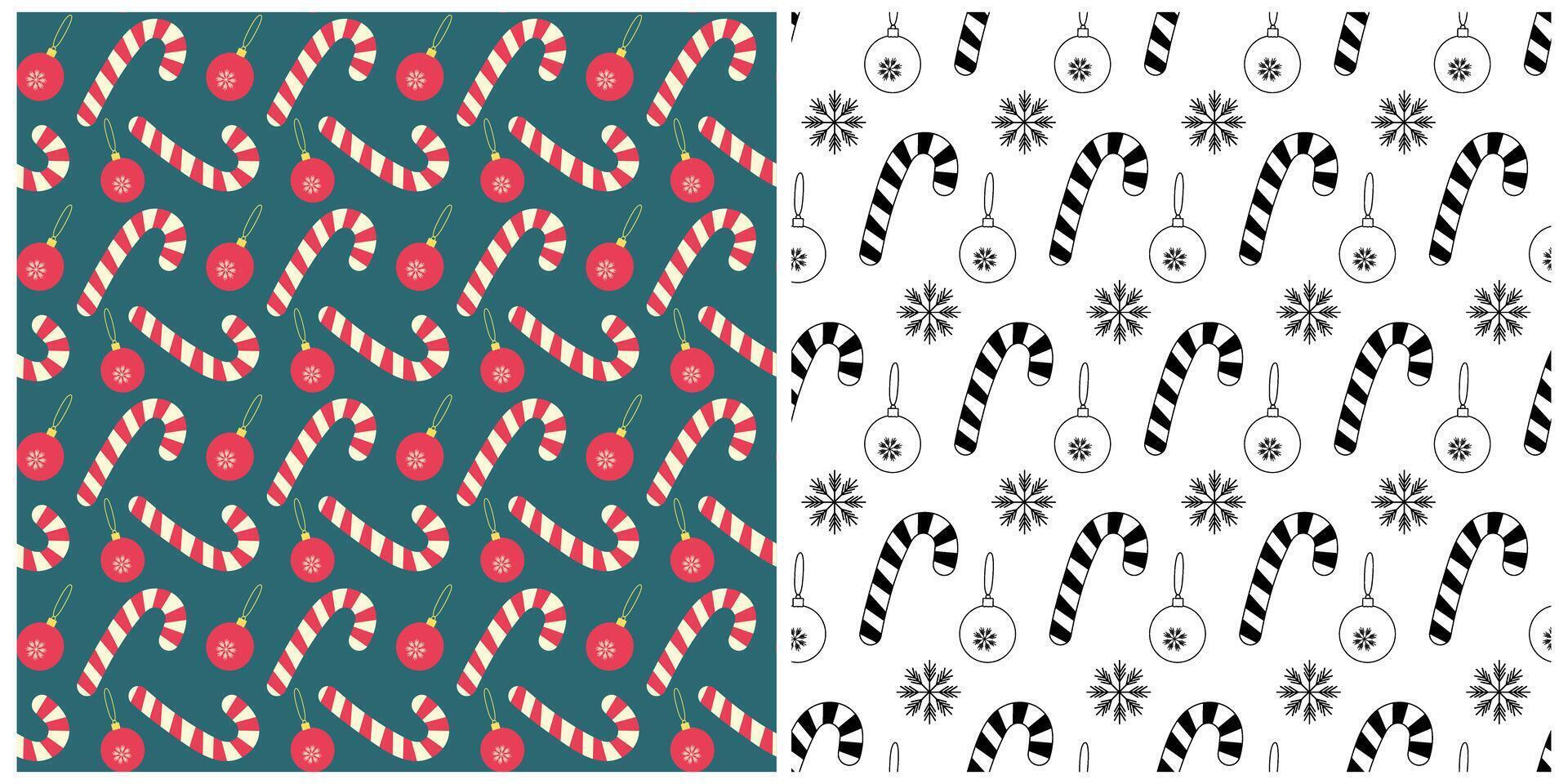 Candy Cane Christmas ball Snowflake Seamless Patterns Set 2 Colorful and Ink Christmas Backgrounds. Isolated illustration Christmas and New Year Greeting Wallpaper textile or web promo banner vector