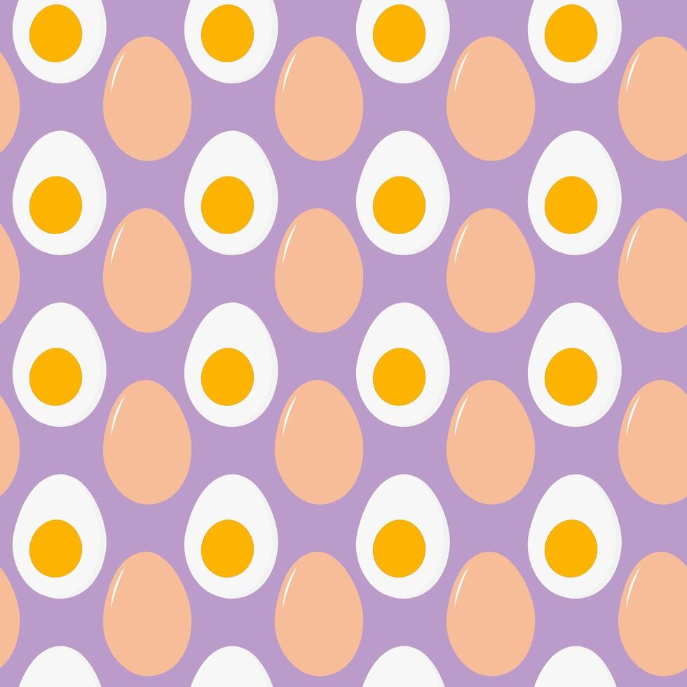 Whole beige Half boiled peeled egg with yolk Seamless Pattern on trendy lavender Egg Day Background. Isolated illustration Wallpaper Wrapping Thematic or menu cards, web promo banner, leaflets vector