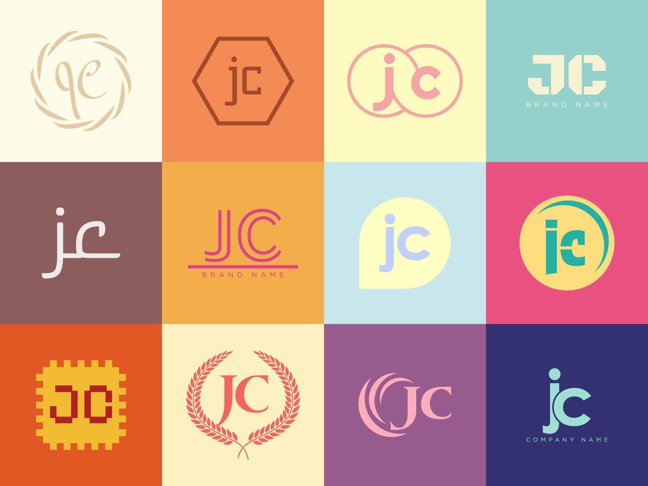 JC logo company template. Letter j and c logotype. Set different classic serif lettering and modern bold text with design elements. Initial font typography. vector