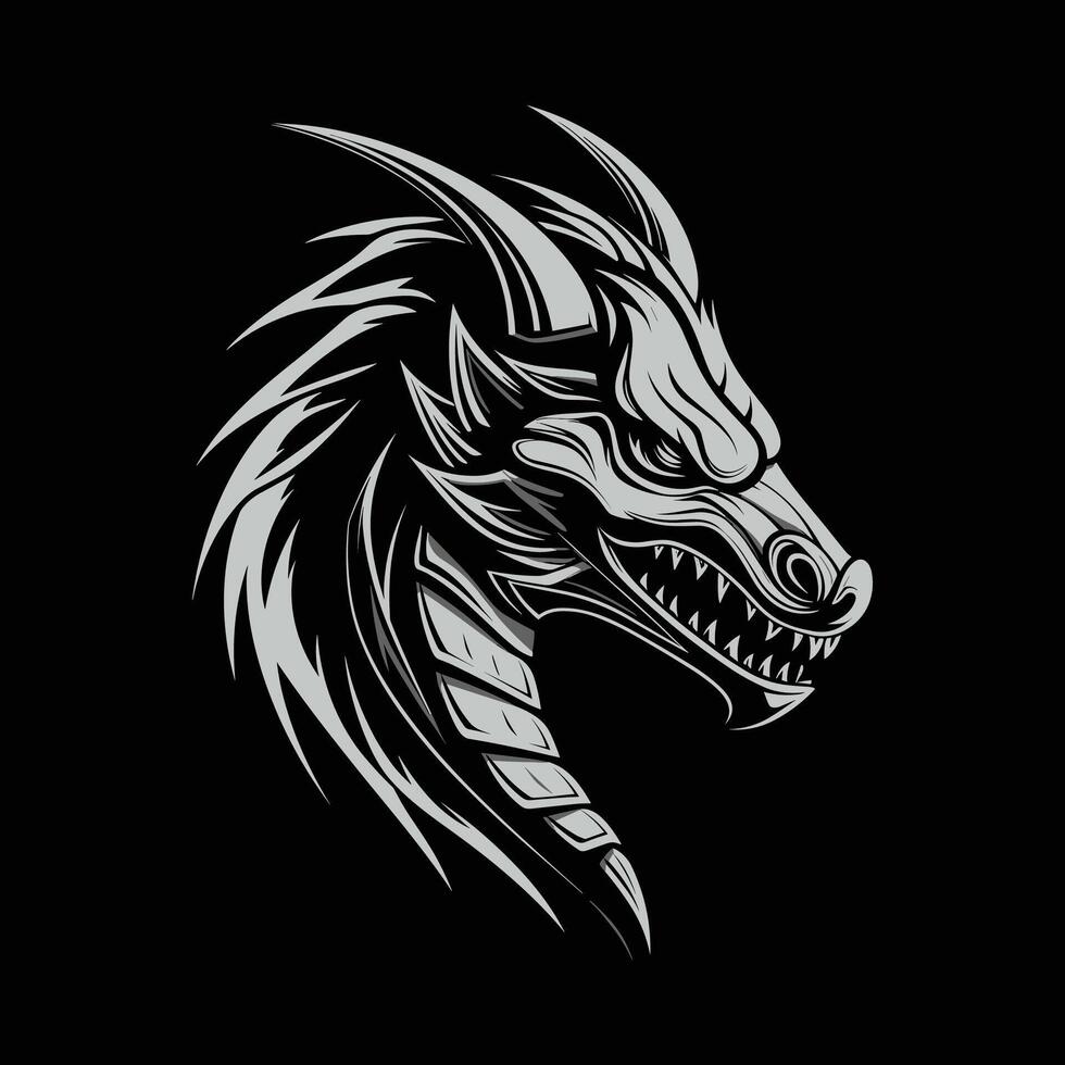 Metallic Silver Dragon Head with Intense Eyes and a High-Contrast Design vector