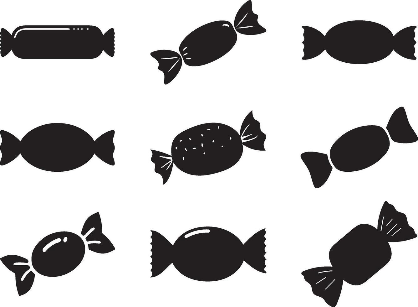 Candy Silhouette Set Illustration, Black Wrapped Sweets Icons on White Background vector