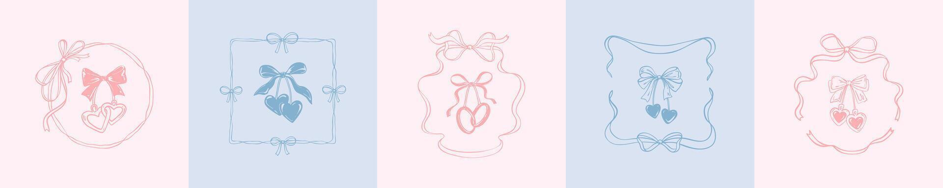Set of cute pastel hand drawn doodle victorian ribbon frames with bows. Whimsical coquette girly cherry drawing. Wedding invitation. Minimalist vintage background. Hearts, locket, bridal rings vector