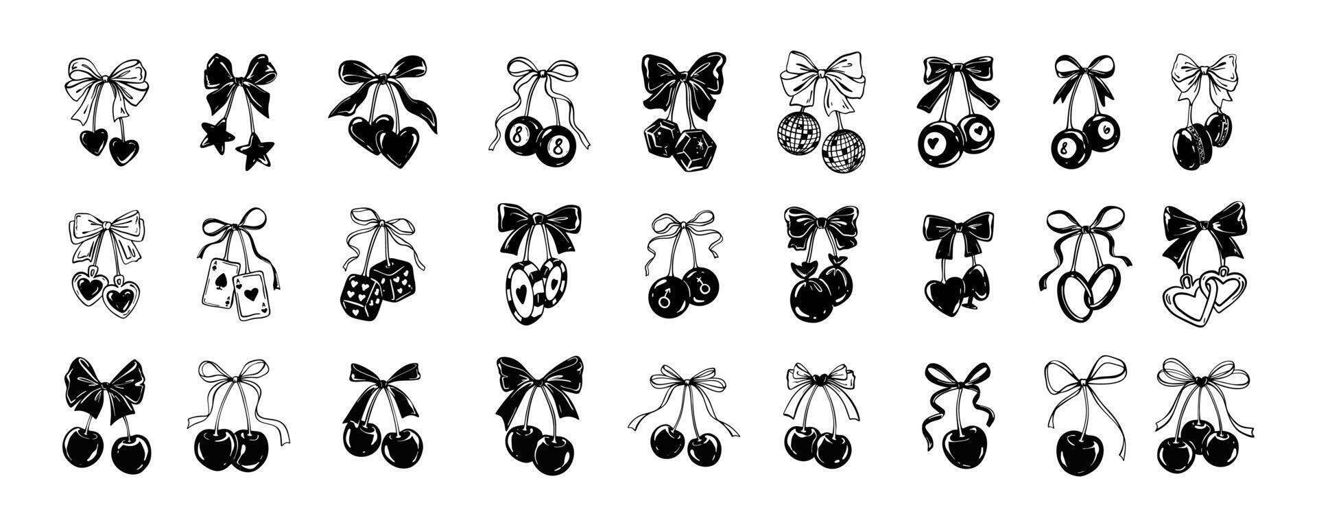 Set of cherry bow ribbon abstract design elements. Wedding, Valentines day, engagement illustrations. Casino, poker, blackjack doodle drawings. Girly coquette party style. Minimal linocut art vector