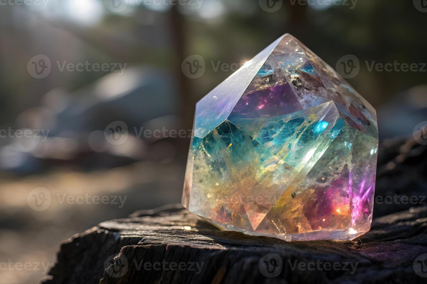Beautiful crystal reflecting sunlight in a serene forest setting during midday photo