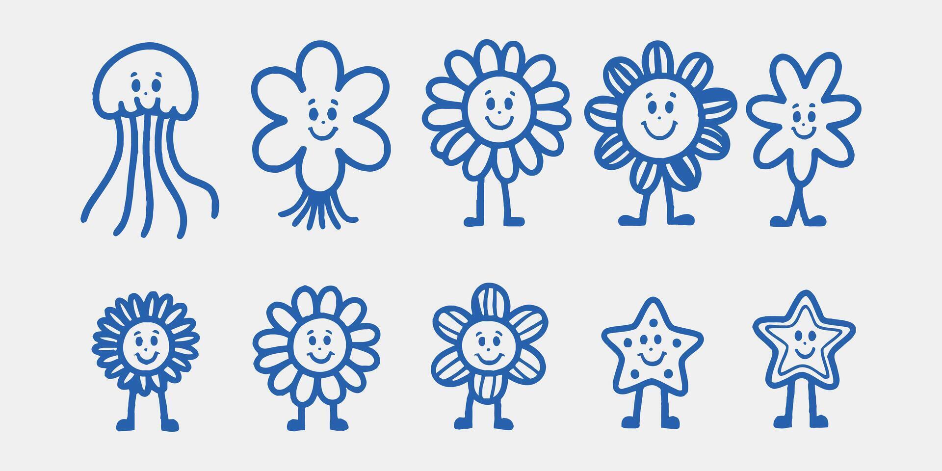 Playful Whimsy A Cheerful Collection of Six Creative Blue Line Art Faces vector