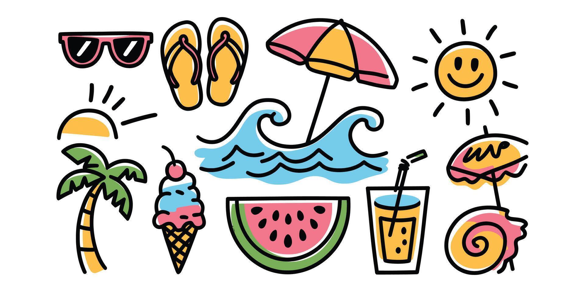 Summer Whimsy A Playful Doodle Icon Set of Tropical Delights vector