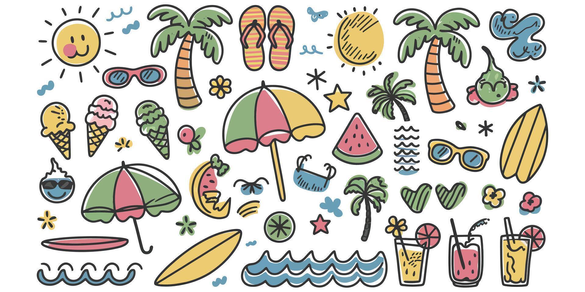 Sun Kissed Whimsy A Cheerful Doodle Icon Set for Summer Vibes vector