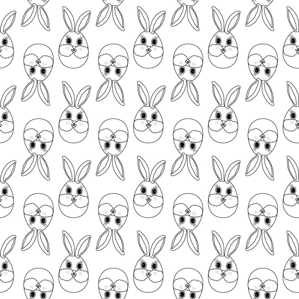 Repeating black and white Easter seamless pattern with cute anthropomorphic character Easter bunny eggs illustrations. Perfect for kids coloring page, wrapping paper and festive holiday activities. vector