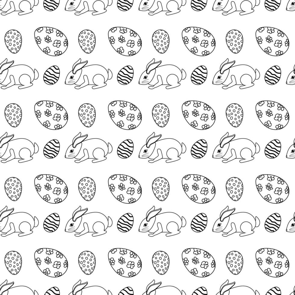 Black and white hand drawn seamless pattern of Easter bunnies and ornate Easter eggs. Repeating animals and eggs on a festive background. Ideal for kids coloring page, wrapping and holiday activities. vector