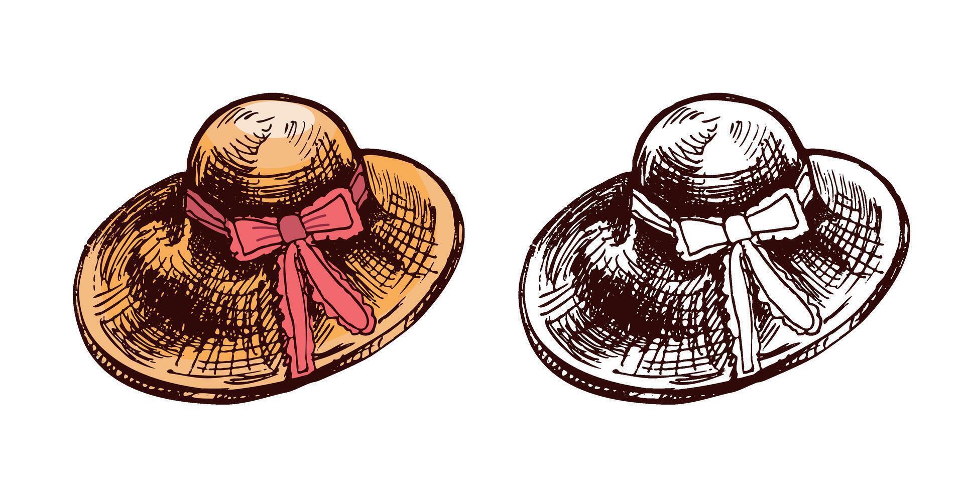 Hand drawn summer straw hat with bow in vintage engraved style vector