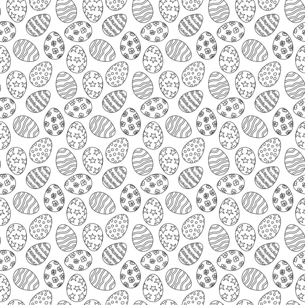Seamless pattern with decorative Easter eggs featuring doodle designs like stars, flowers, dots, and waves. Black and white outline for coloring page and prints. vector