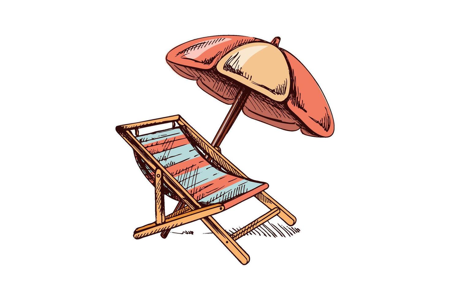 Hand drawn sketch of beach chair with umbrella in colorful cartoon style vector
