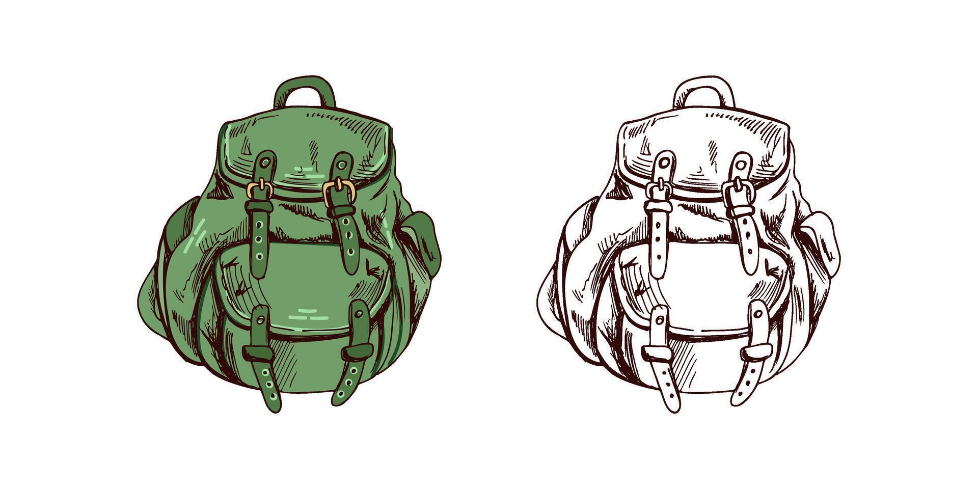 Hand drawn sketch of hiking backpack in vintage cartoon style, color and monochrome version vector