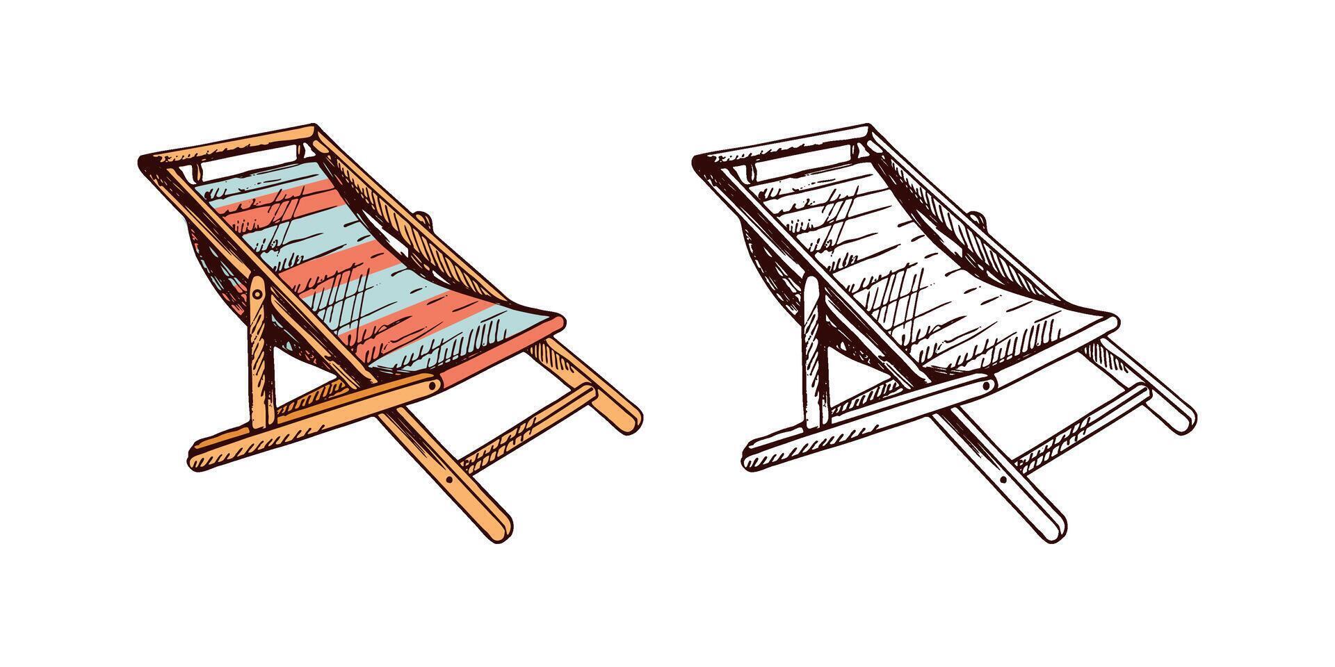 Beach deck chair hand drawn sketch in color and monochrome version, summer travel element vector
