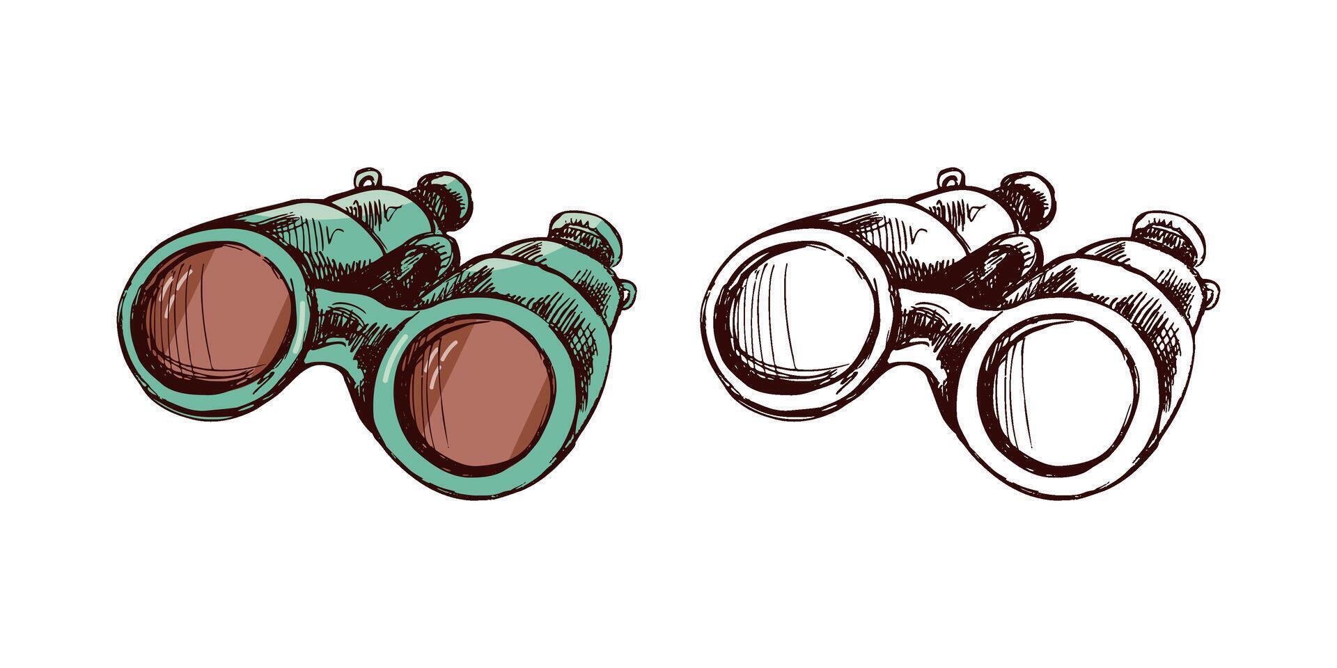 Hand-drawn binoculars set in green and brown, color and monochrome version in vintage engraved style vector