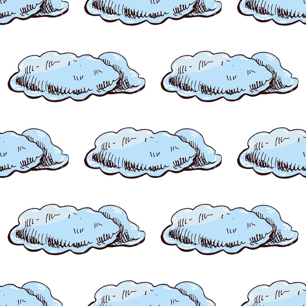Seamless pattern with blue clouds in hand drawn sketch style on white background vector