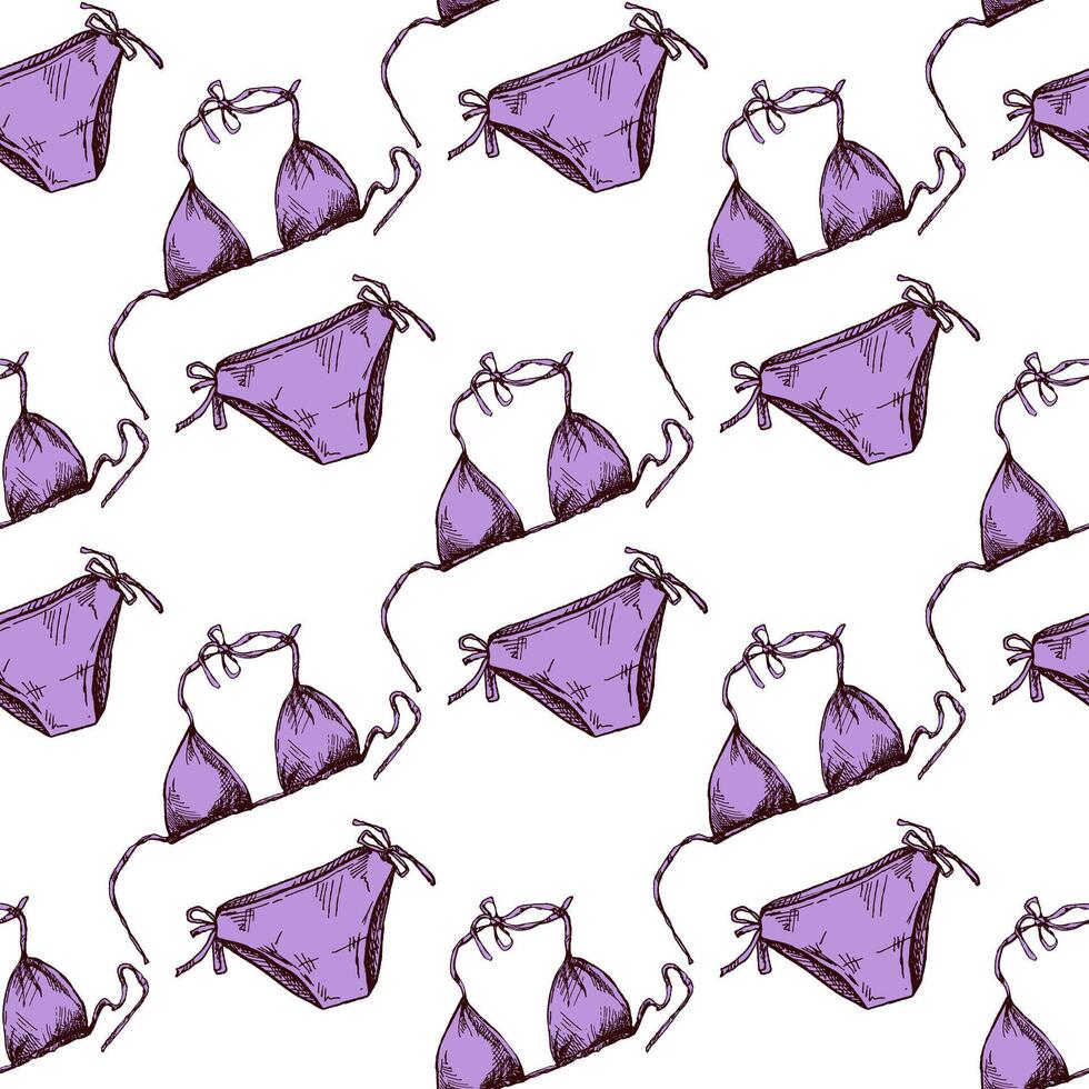 Seamless pattern with purple bikini in hand drawn sketch style on white background vector