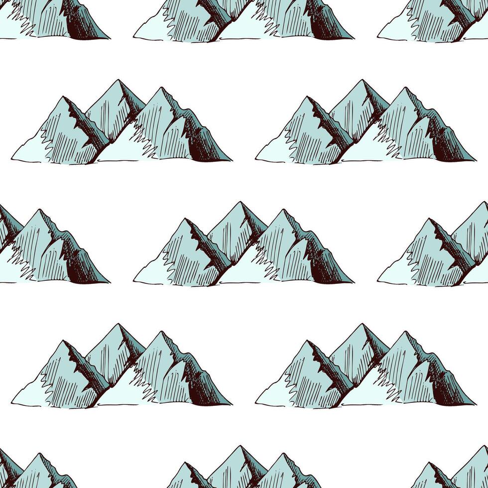 Seamless pattern with snowy mountains in hand drawn sketch style on white background vector