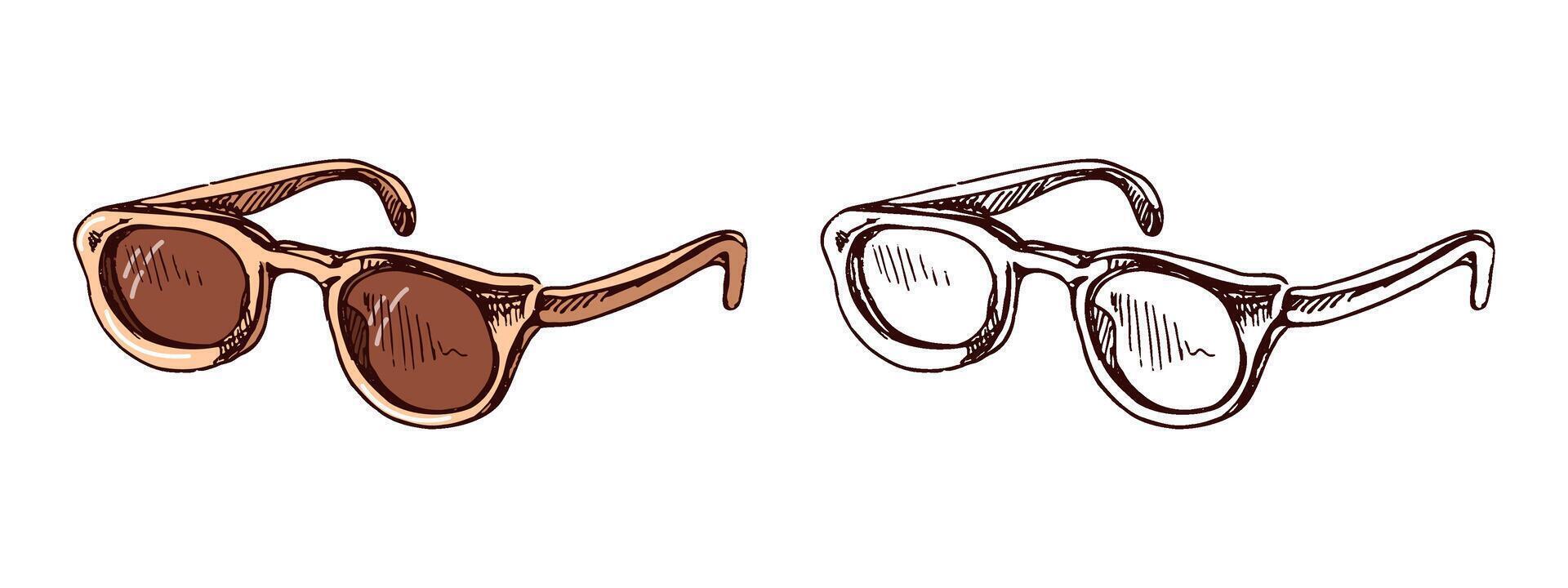 Hand drawn sketch of sunglasses in vintage cartoon style, color and monochrome set vector