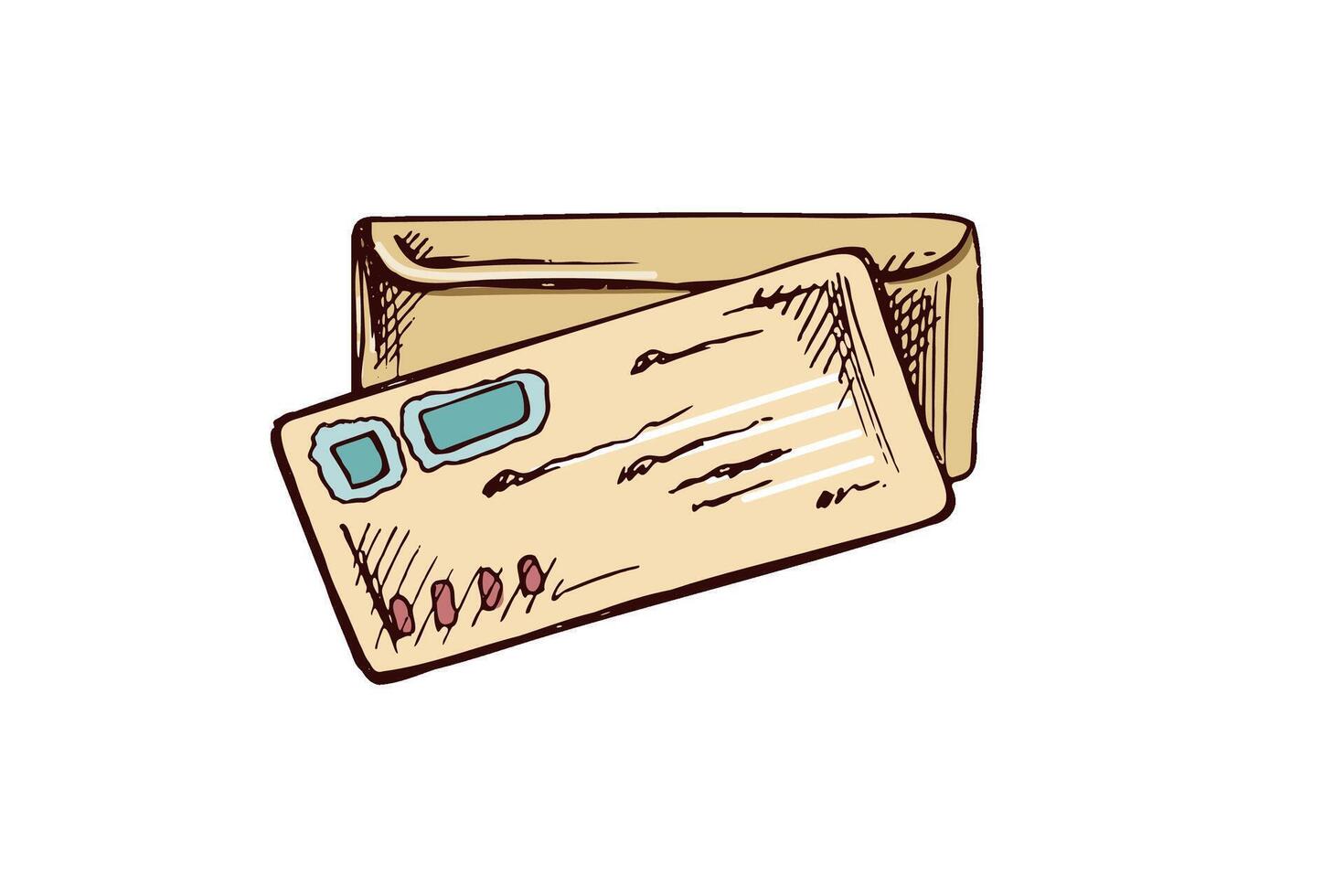 Hand-drawn envelope and postcard with soft pastel colors in vintage engraved style vector