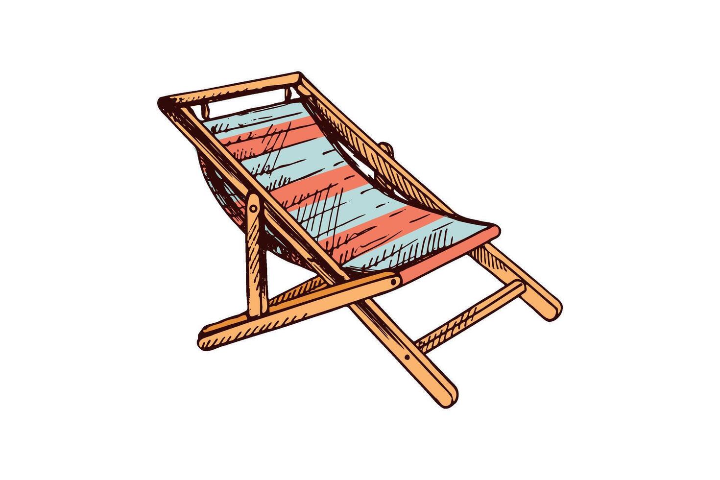Striped beach deck chair with wooden frame in vintage engraved style vector