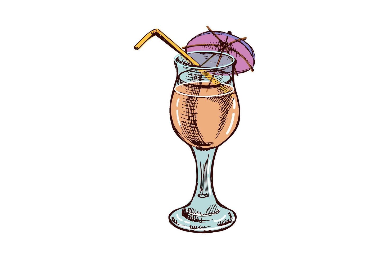 Tropical summer cocktail with umbrella and straw in vintage sketch style vector