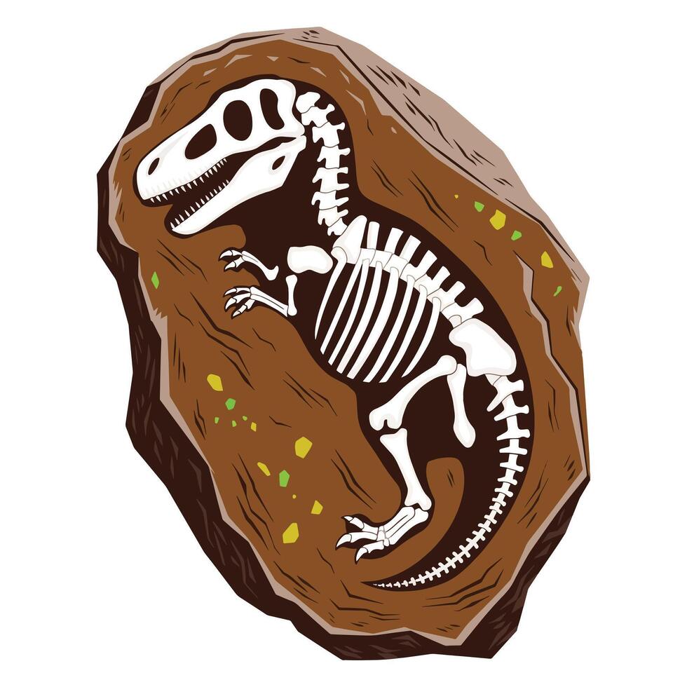 Dino fossil skeleton in rock. Cartoon of a Tyrannosaurus rex relic, a complete skeletal structure embedded in brown stone. Ideal for prehistoric, science, and paleontology themed designs. vector