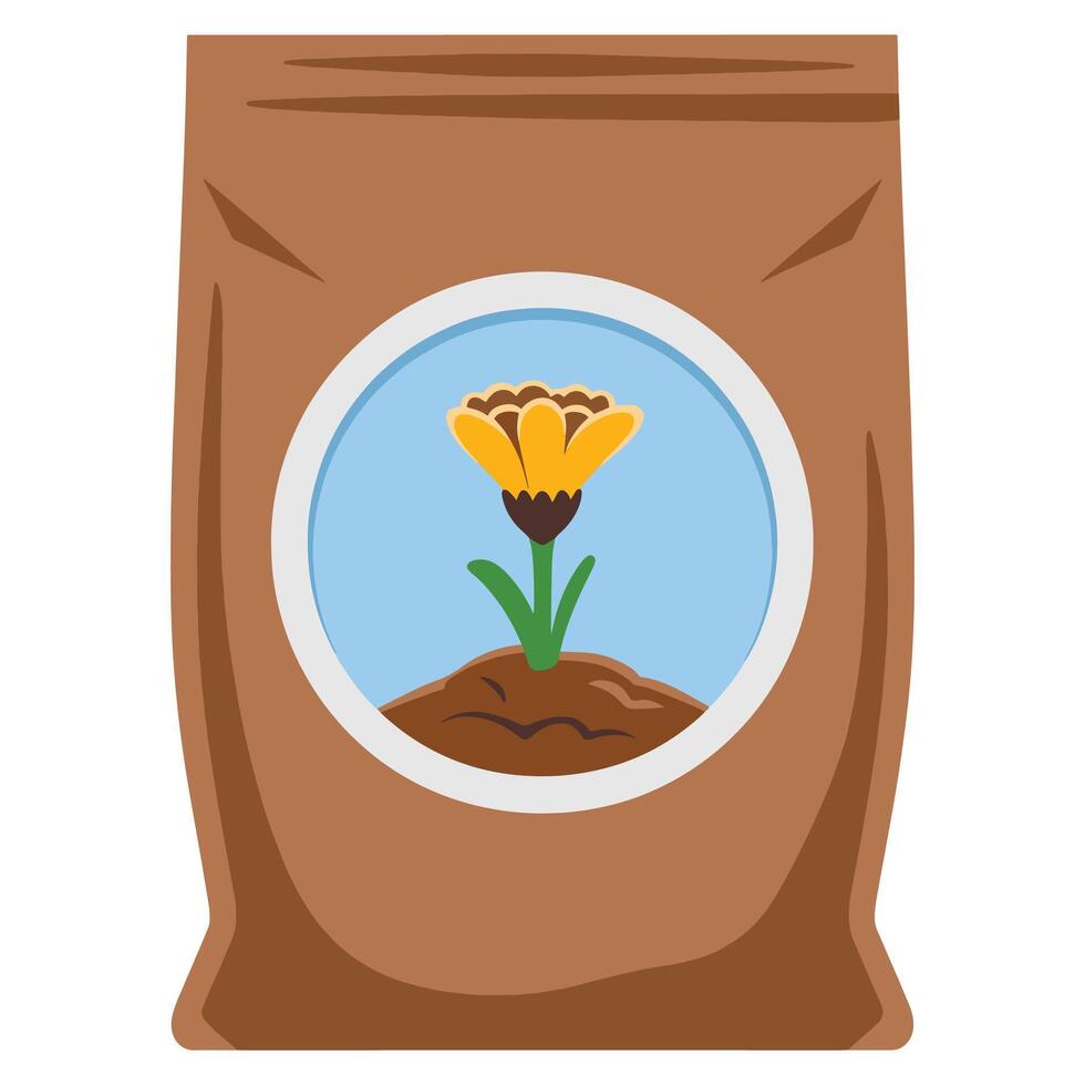 Fertilizer bag flat icon illustration. Simple sack design with a plant symbol, representing agricultural nutrients and gardening supplies. Isolated on white background. vector