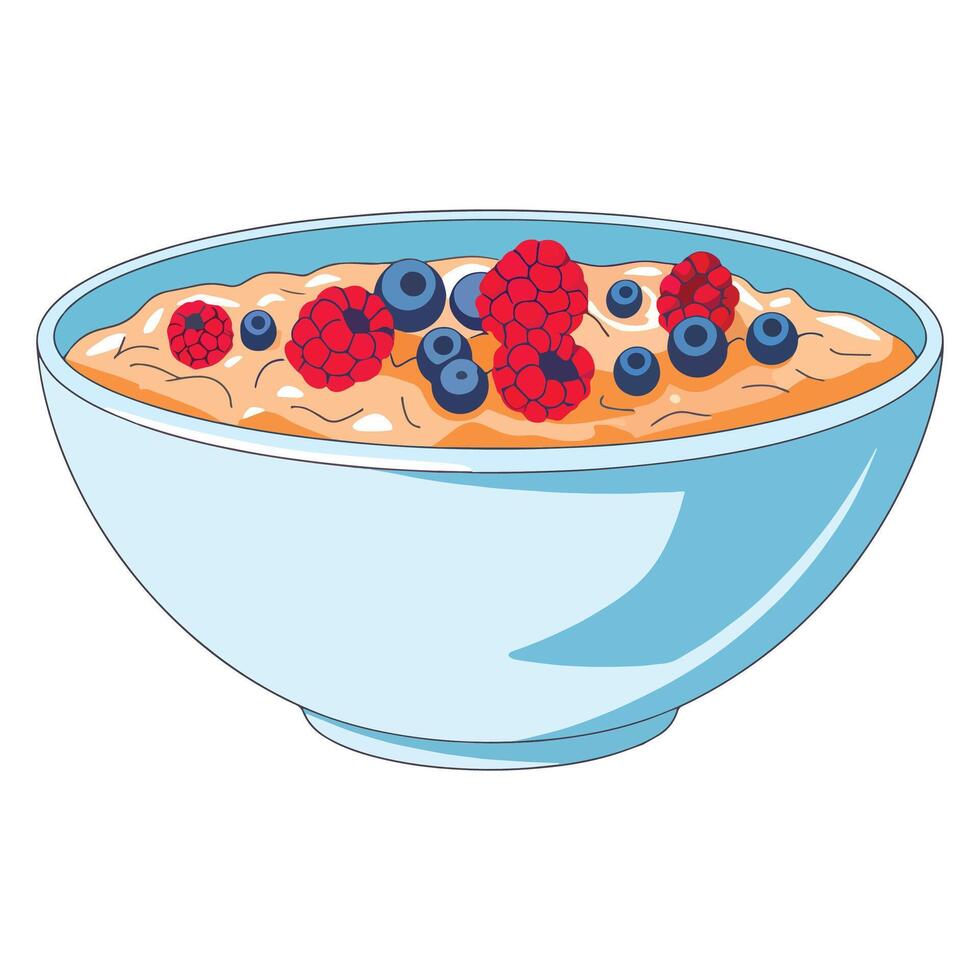 Oatmeal porridge with blueberries and strawberries in a ceramic bowl. Healthy breakfast food, flat icon design. Ideal for nutrition and healthy eating concepts. vector