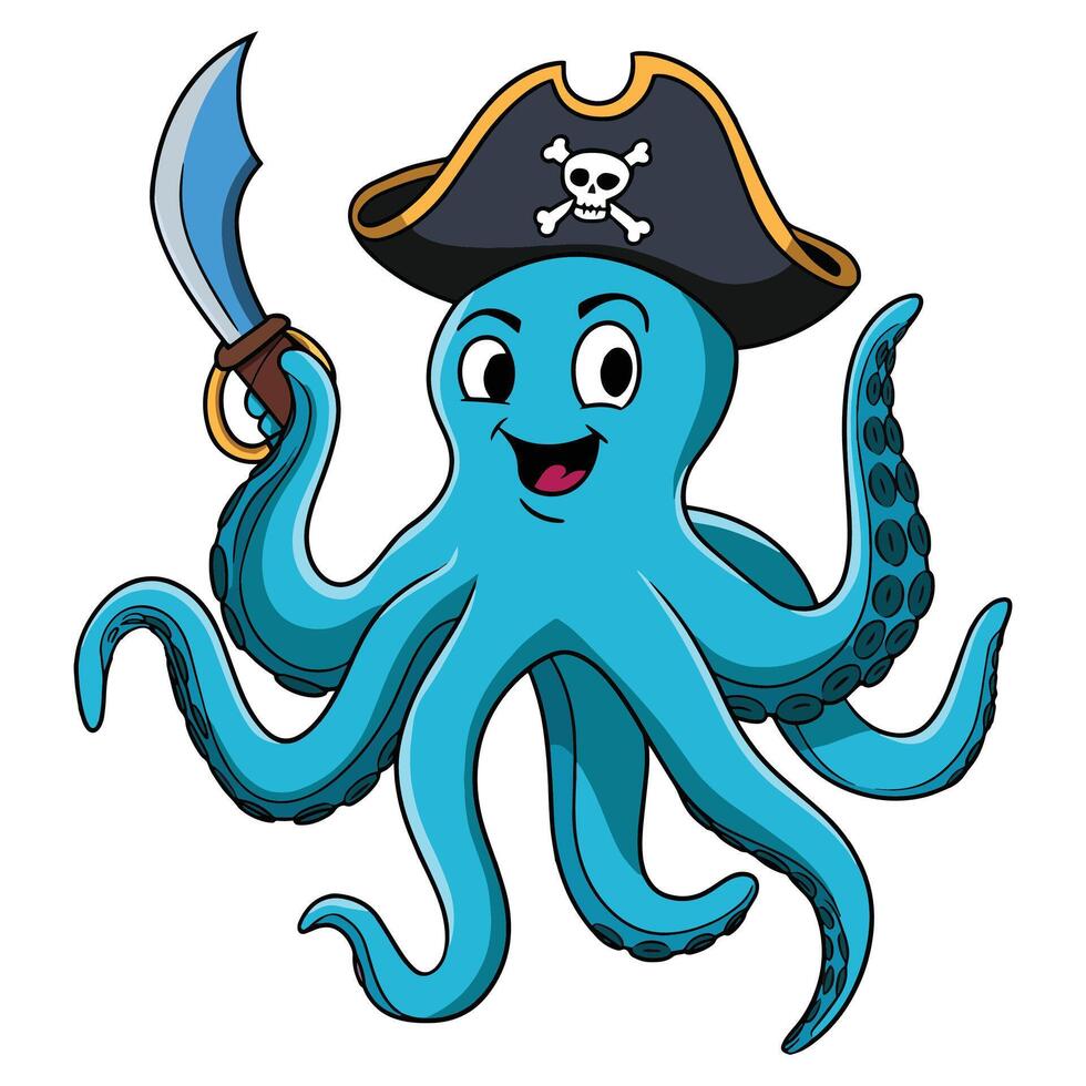 Funny blue octopus pirate wearing a pirate hat, cartoon character isolated on a white background. Perfect for marine themed children's designs, prints, posters, stickers, and cards. vector