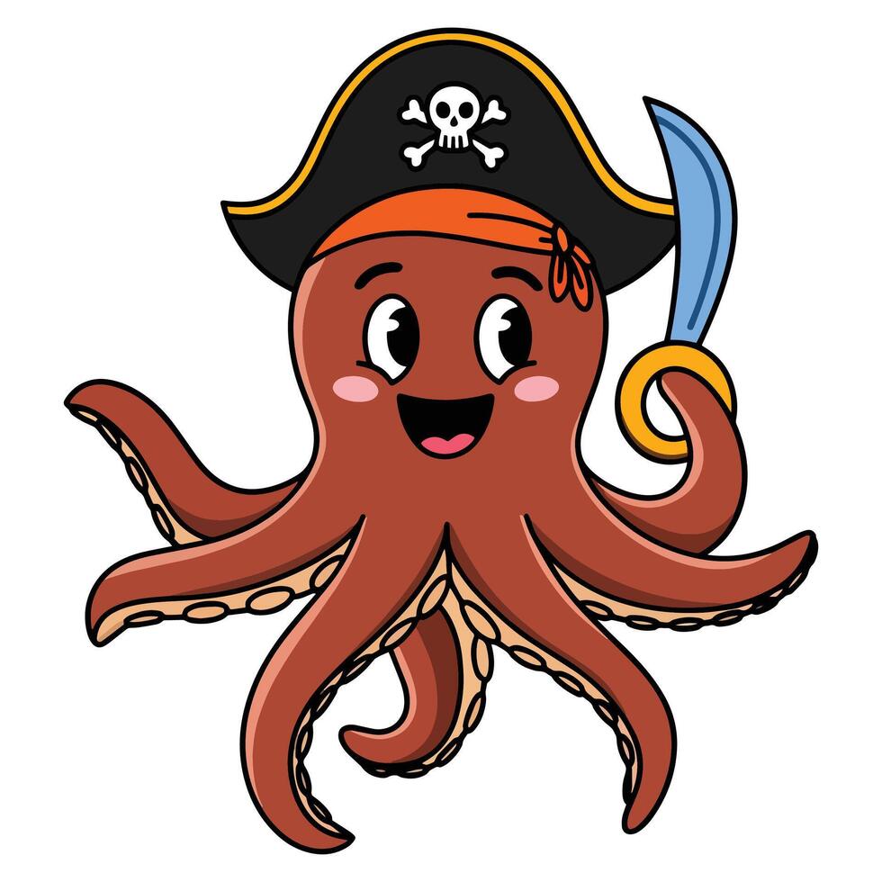 Funny pirate octopus wearing a black hat. Whimsical and playful design, perfect for birthdays, holidays, and pirate themed events. vector