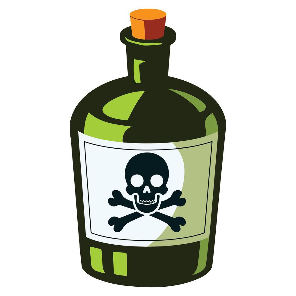 Poison bottle with skull label. Glass bottle with a cork stopper, filled with green liquid. A skull and crossbones sign warns of danger. illustration for toxic and potion themes. vector