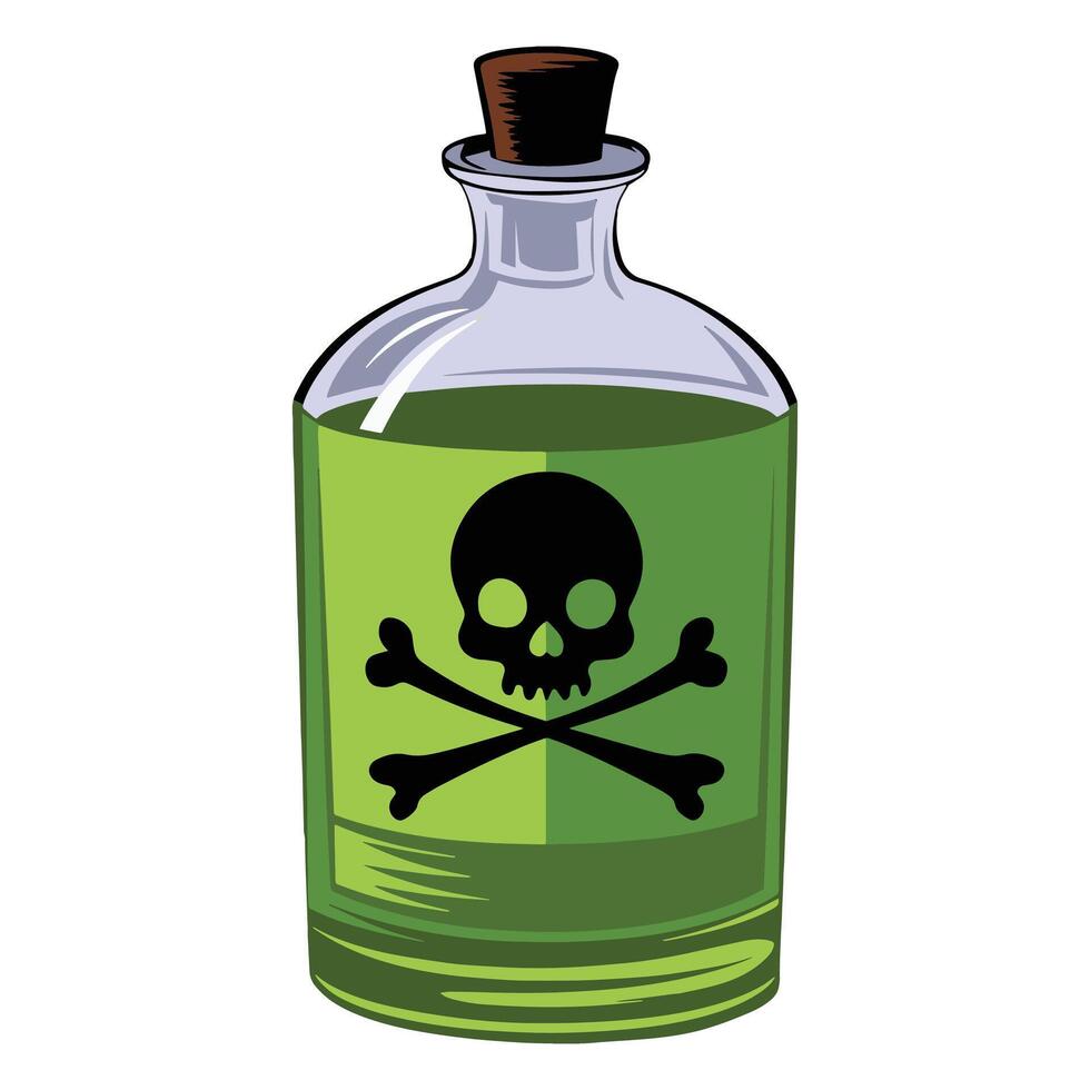 Glass bottle with green poison. Dangerous witch potion in a flat style. Ideal for fantasy, alchemy, or Halloween designs. Isolated on a white background. vector