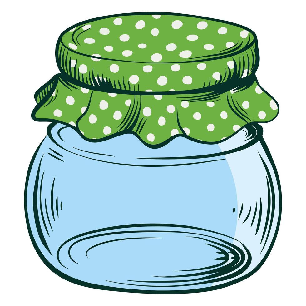 Glass jar with a green fabric lid, perfect for home canning and dairy products. illustration representing sour cream, preserves, or condiments. vector