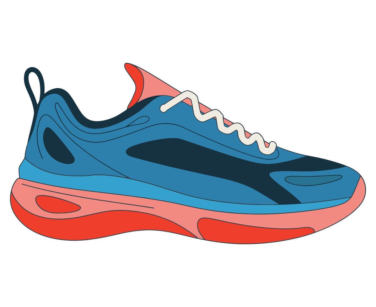 Blue Running Shoes with White Laces. Cartoon style illustration of athletic shoes, perfect for sports-themed designs, fitness branding, and playful graphics. vector