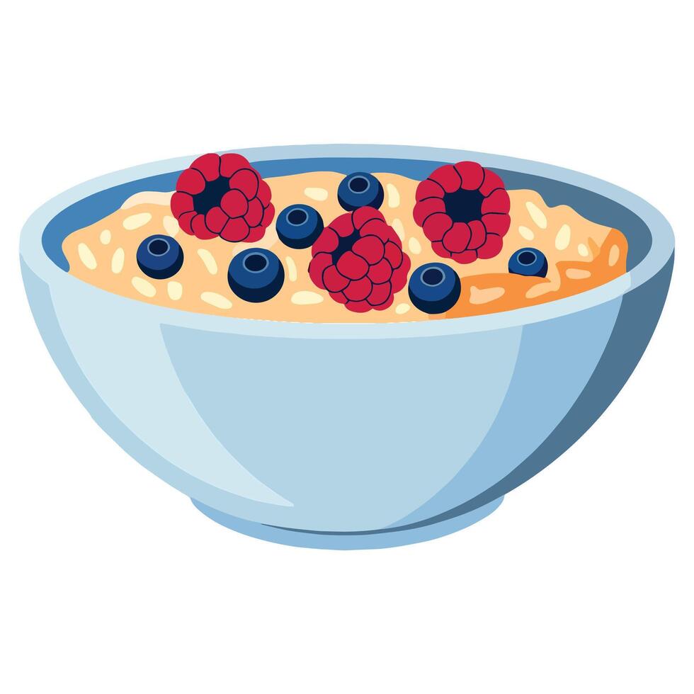 Oatmeal porridge in a bowl with blueberries and strawberries, isolated on a white background. flat illustration of a healthy and delicious breakfast meal. vector