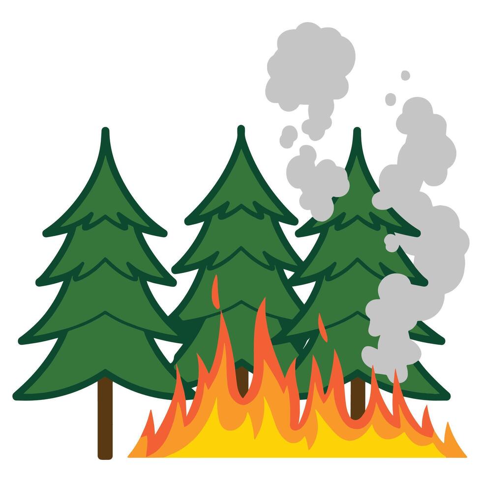 Forest fires natural disaster illustration. Burning trees and landscape destruction, representing drought and cataclysm. Ideal for environmental awareness and catastrophe themes. vector