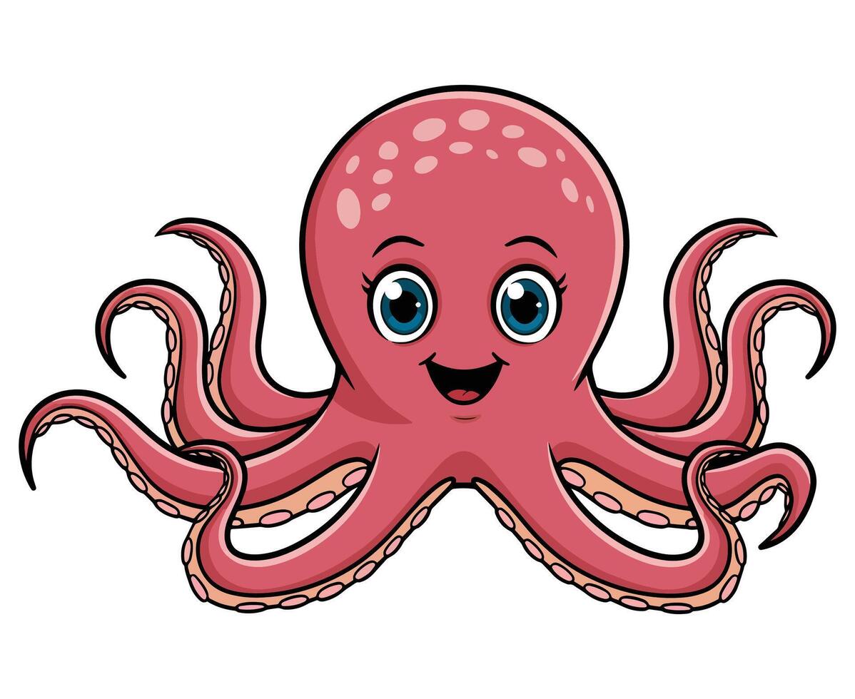 Pink octopus illustration with a cute and friendly design. Simple cartoon style with rounded tentacles and expressive eyes. illustration isolated on white background. vector