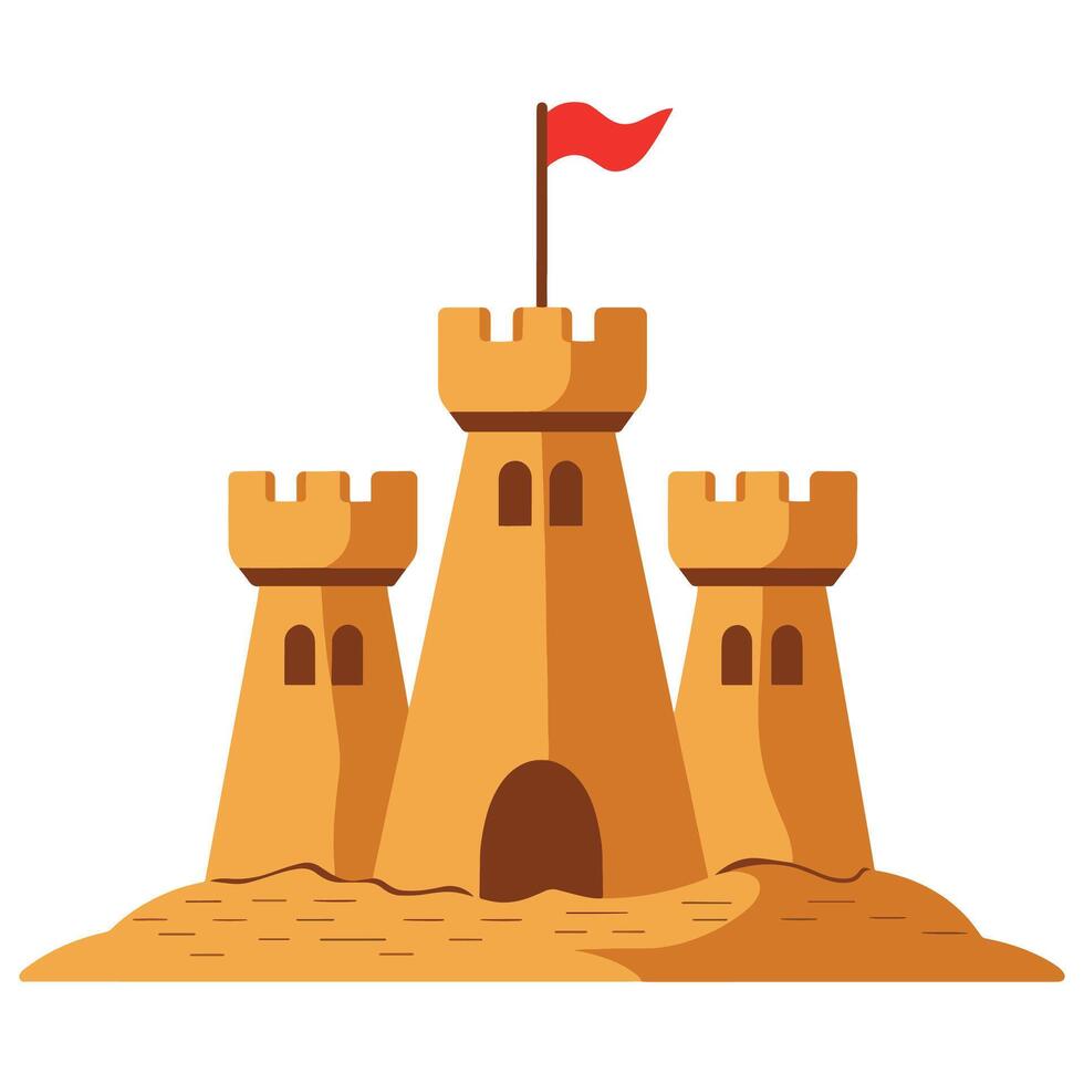 Sandcastle illustration with towers and a flag. Perfect for beach, summer, and vacation-themed designs. Simple and playful design, ideal for kids graphics. vector