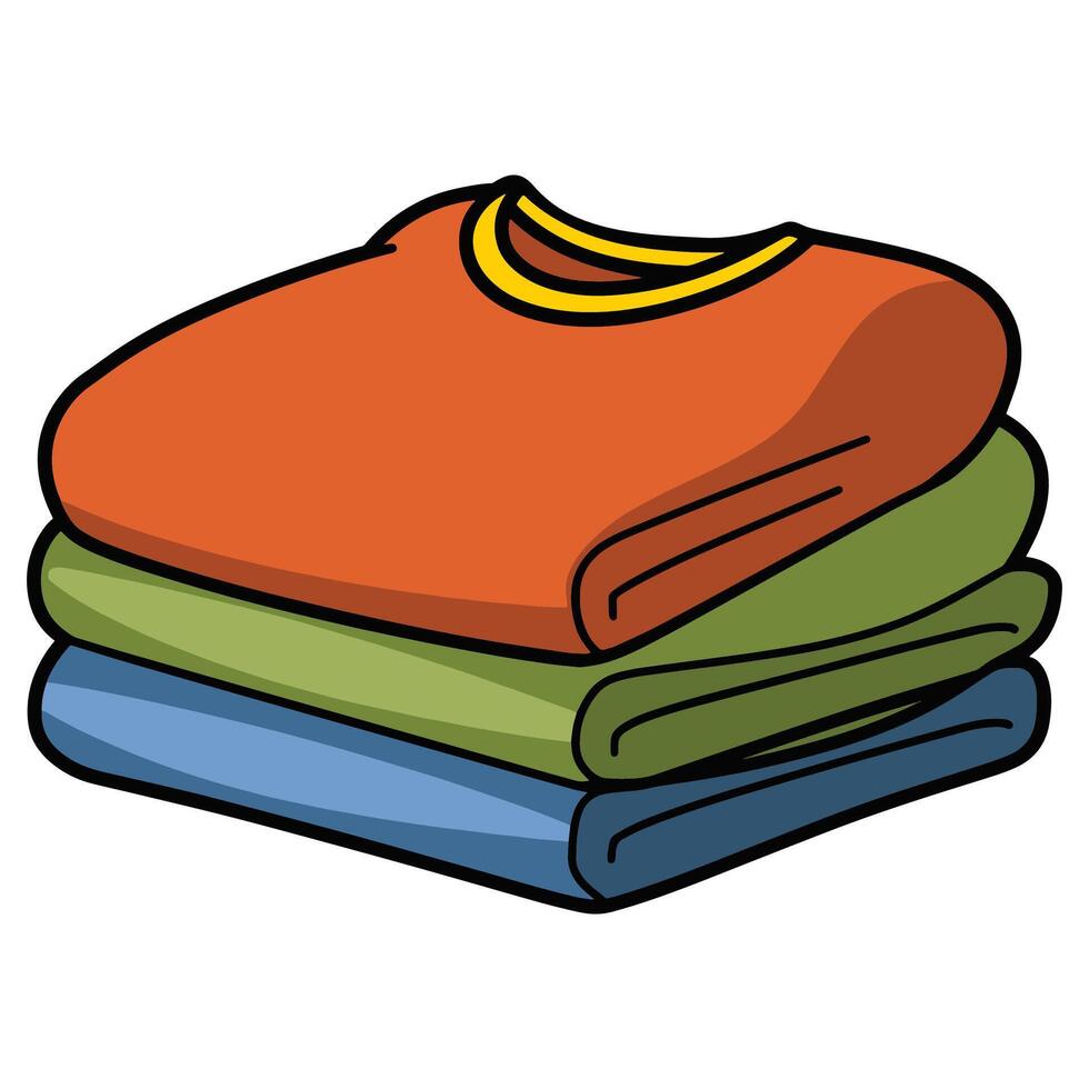 Stack of neat clothes illustration. Pile of folded shirts, t shirts, jeans, trousers, pants, and bath towels. Flat cartoon style, isolated on a white background. vector