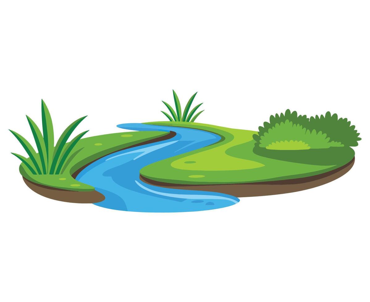 Flowing stream illustration. Depicts a natural water body moving between banks, ideal for nature, landscape, and environmental themes. vector