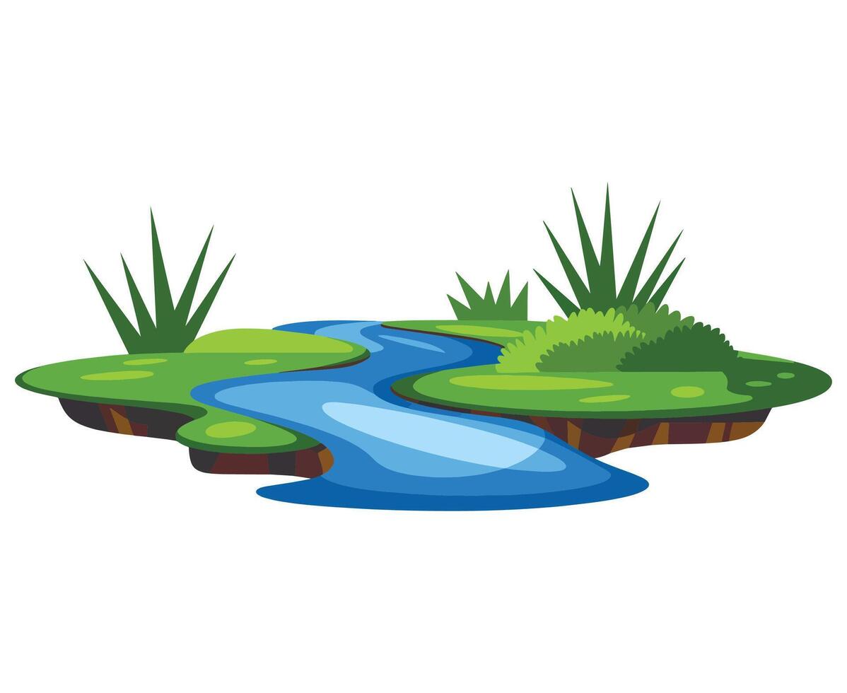 Winding river symbol with grass, illustration. Represents nature, water flow, and landscape elements. Ideal for eco, outdoor, and environment themed designs. vector