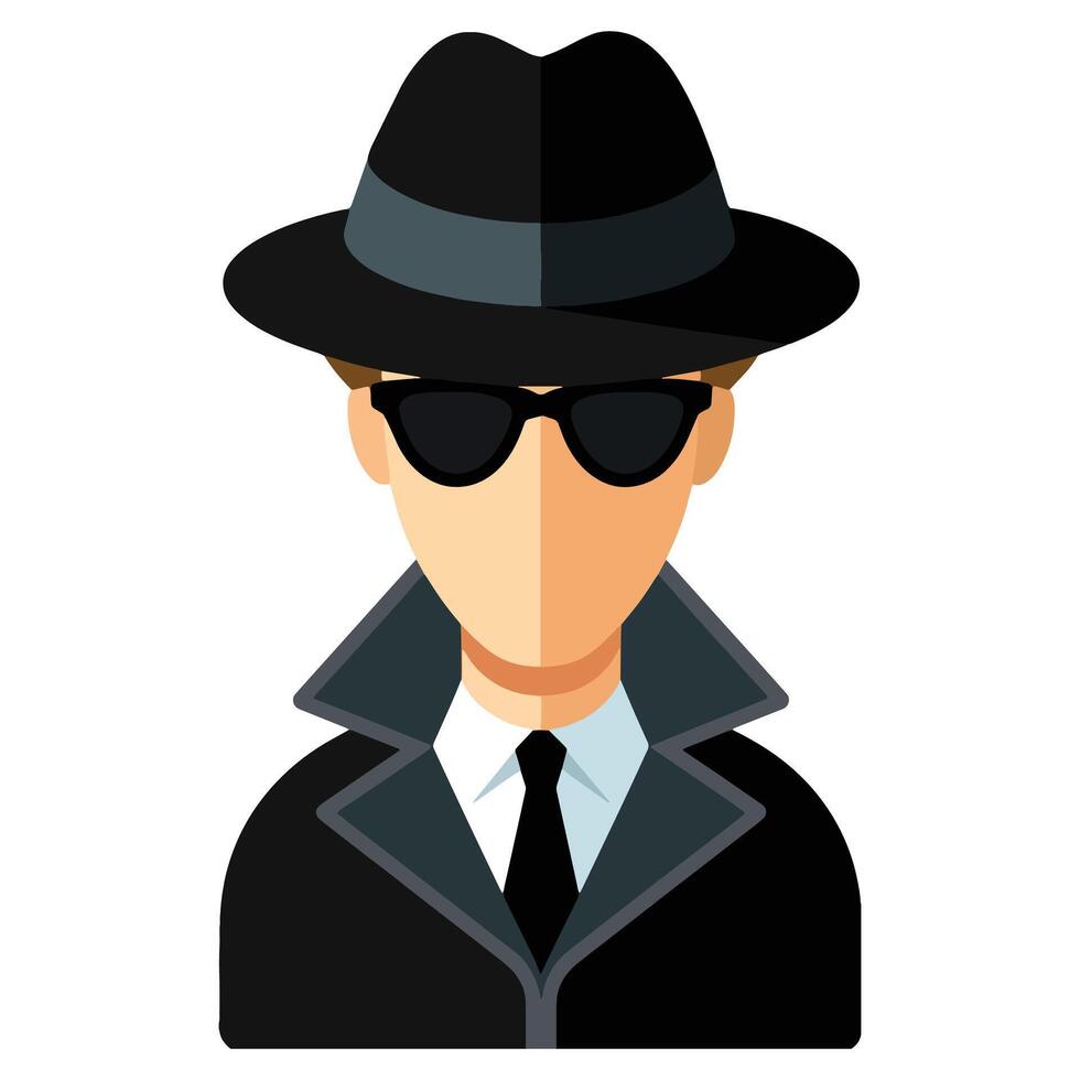 Suspicious man with sunglasses icon. illustration of a mysterious character wearing dark glasses, representing a criminal, spy, or undercover figure. Ideal for security and secrecy concepts. vector